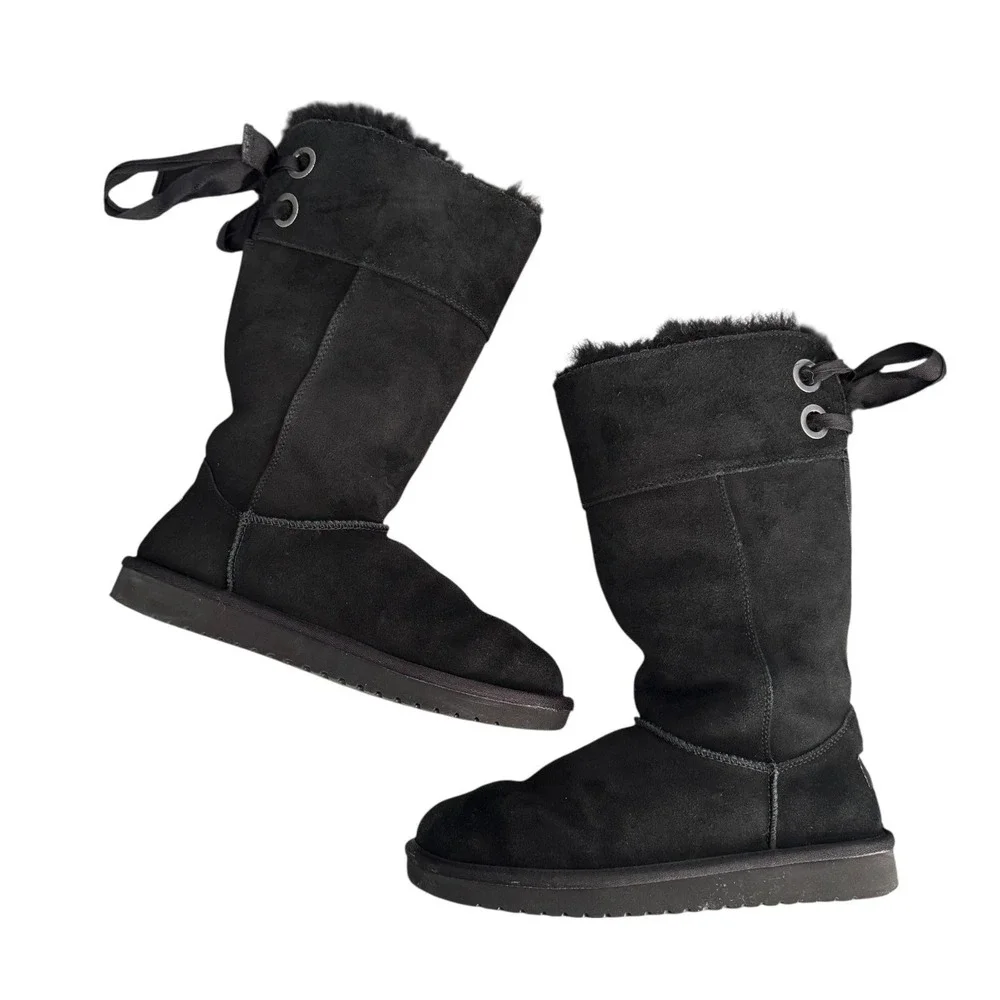Koolaburra By UGG Boots Womens Size 8 Black Suede Mid Calf Faux Fur Lined Bow